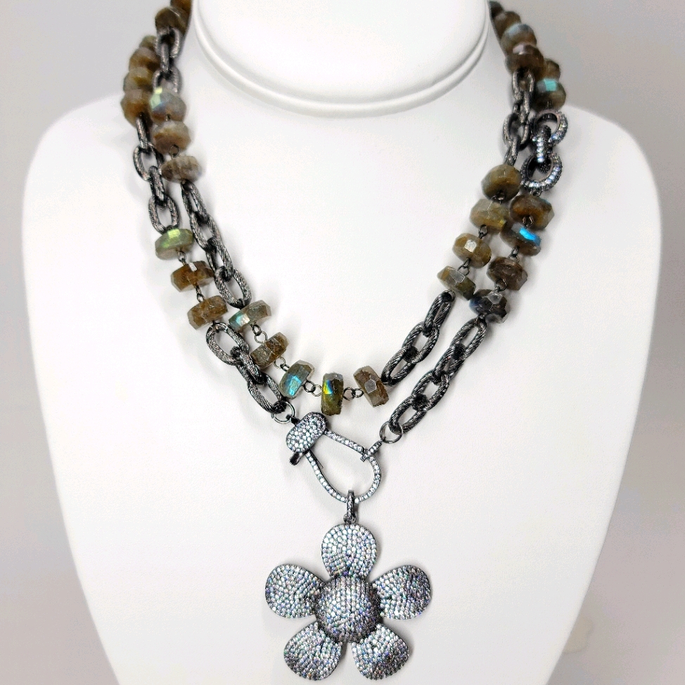 Nwt Luxury Genuine Labradorite Pave Cz Necklace